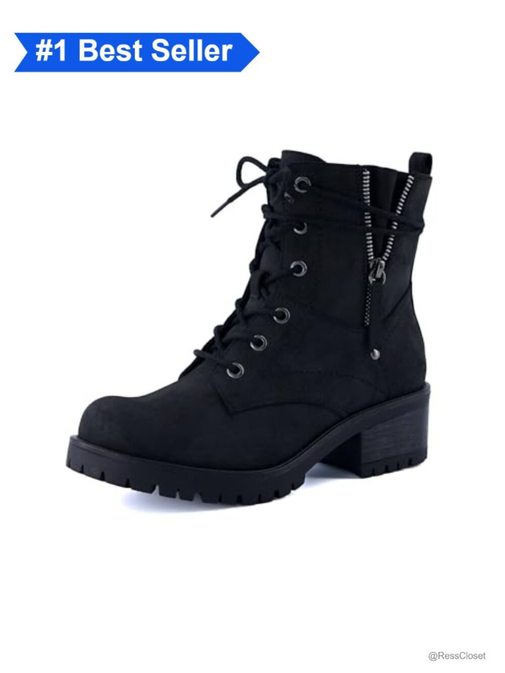 Vegan Leather Combat Ankle Boots Lace-Up Side Zip Block Heel